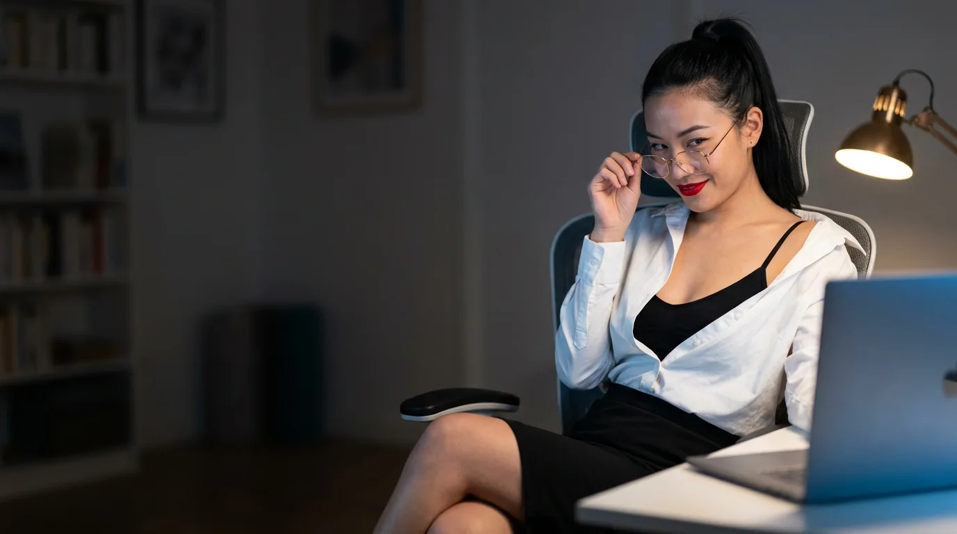 Femme à lunettes qui sourit devant son ordinateur sur une alternative à Omegle pour adultes
