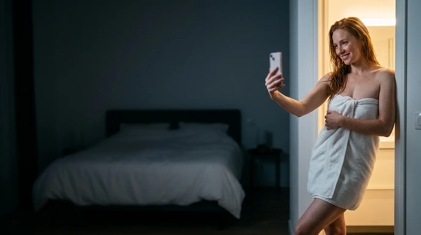 Chat sexy : selfie coquin avant la cam Femme rousse en serviette qui prend un selfie coquin pour un chat sexy
