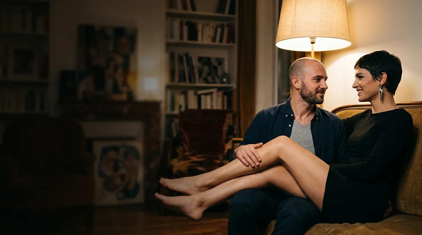Femme trans et son admirateur sur un canapé lors d'un premier rendez-vous