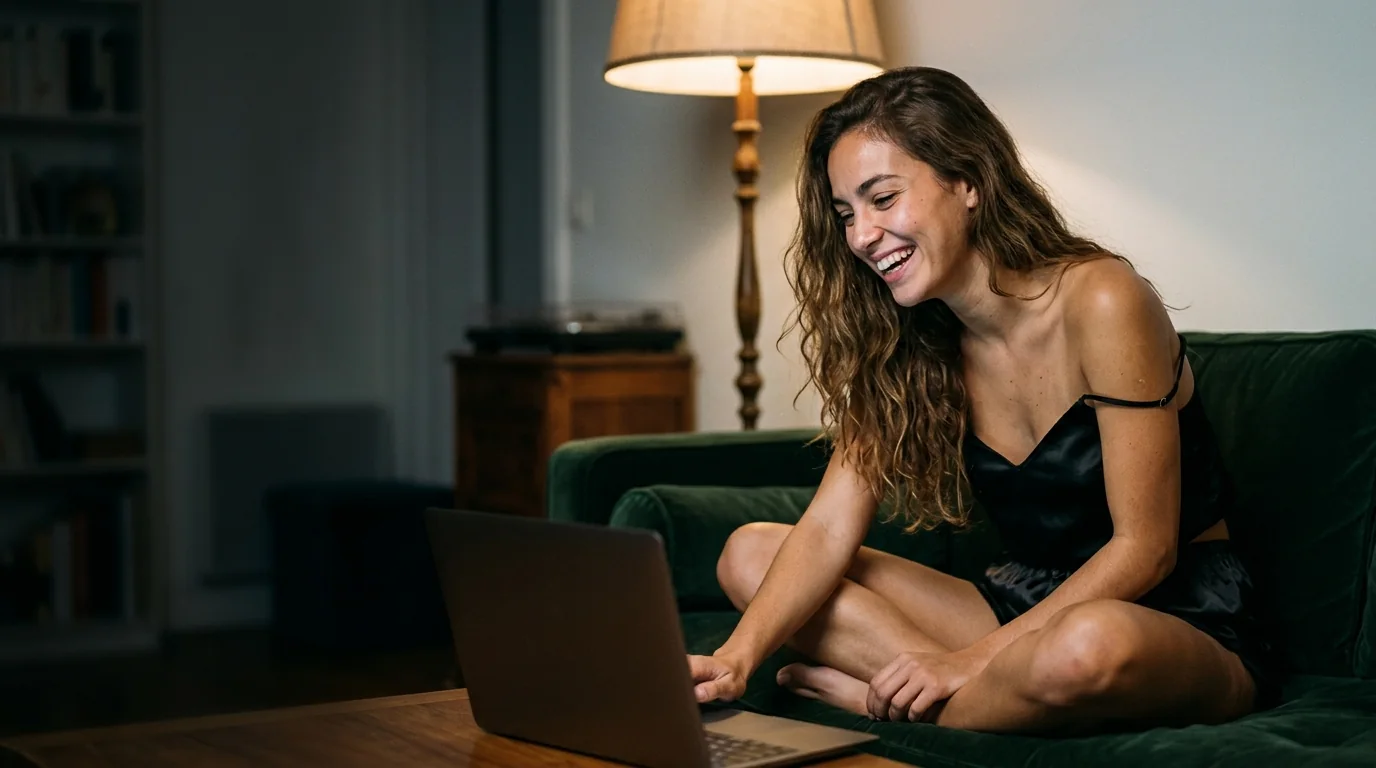 Tchat sexe en privé depuis son canapé Femme en nuisette sur un canapé qui tchatte devant son ordinateur portable